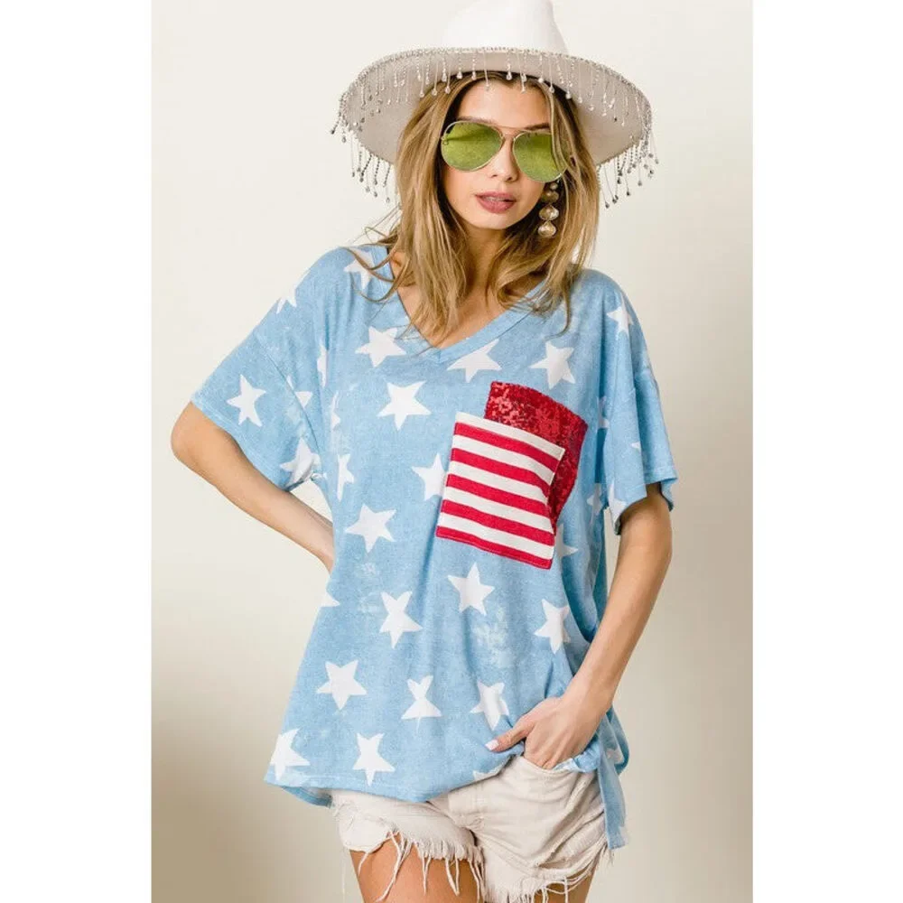 BiBi Star Print Sequin V-Neck Short Sleeve T-Shirt - Picture 3 of 4